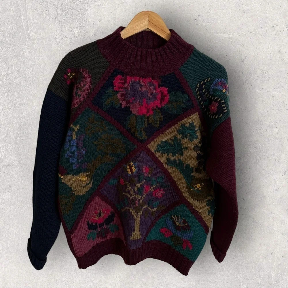 Vintage Eddie Bauer Womens Small 100% Wool Purple Floral Paisley Sweater Paisley